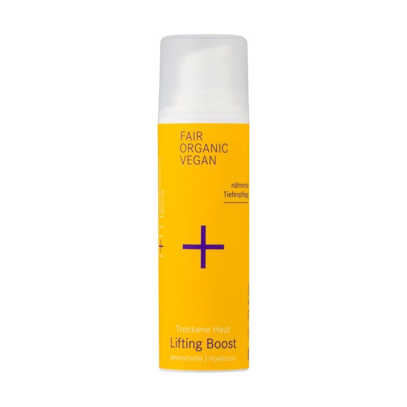 Flacone giallo con tappo bianco. Scritta: FAIR ORGANIC VEGAN, segno più, Lifting Boost per pelle secca.