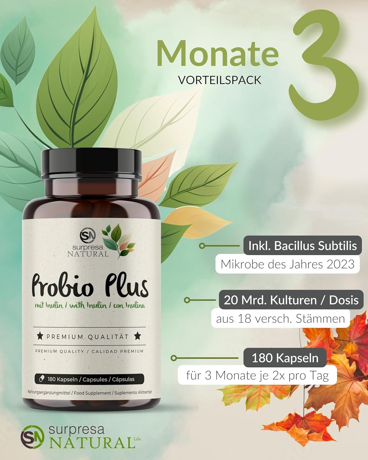 Flacone marrone con etichetta: Surpresa Natural Probio Plus, 180 capsule, confezione da 3 mesi.