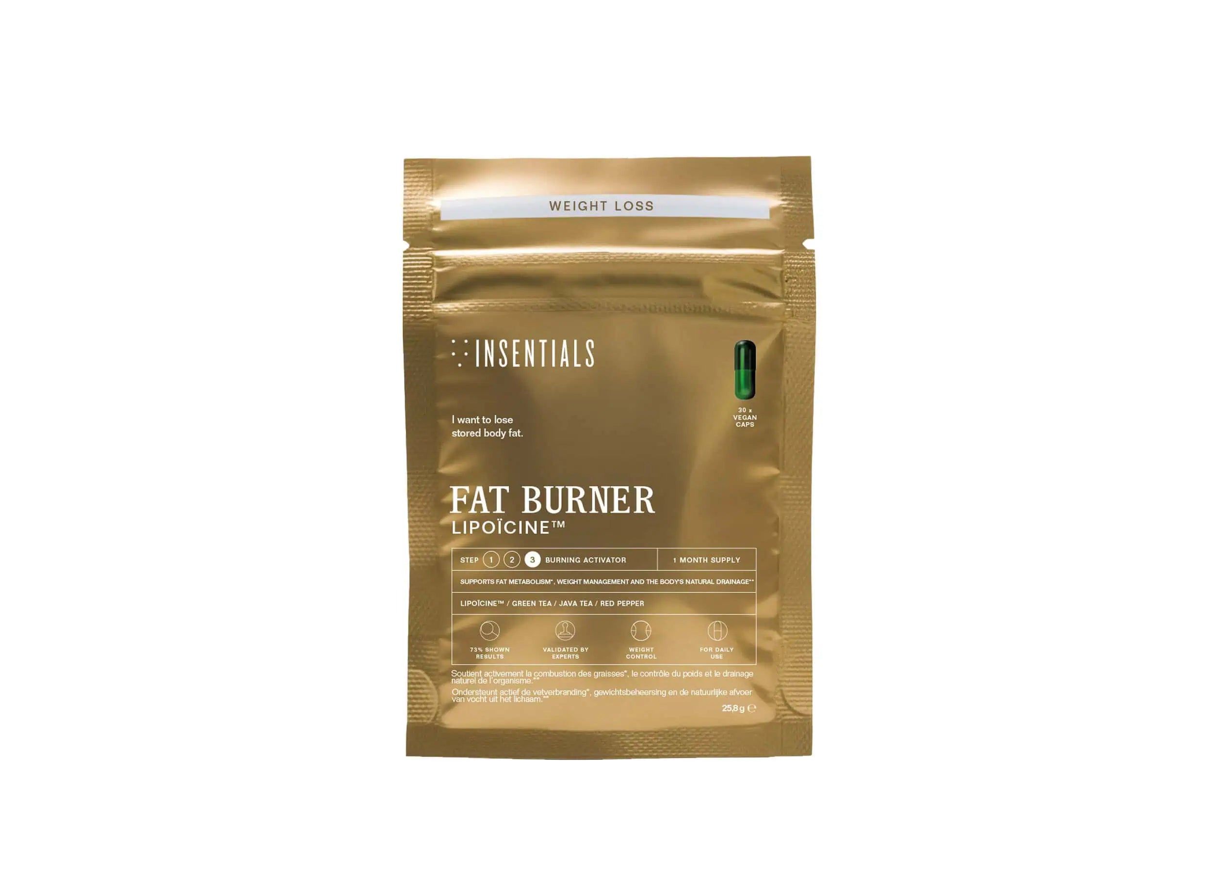 Confezione dorata con logo Insentials, scritta 'Fat Burner Lipoicin' e simbolo di capsula.
