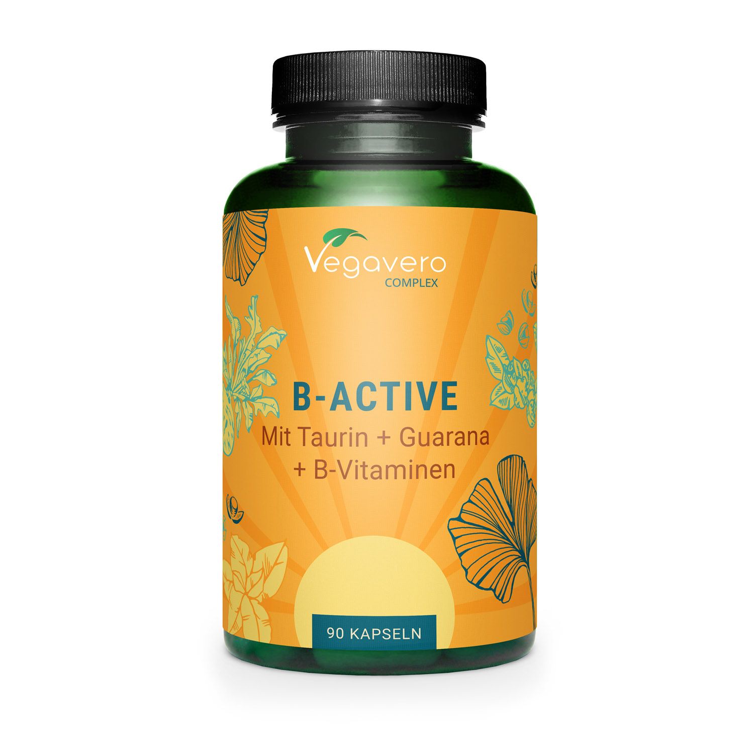 Flacone verde con tappo nero. Etichetta con nome del prodotto B-Active, 90 capsule. Logo Vegavaro.