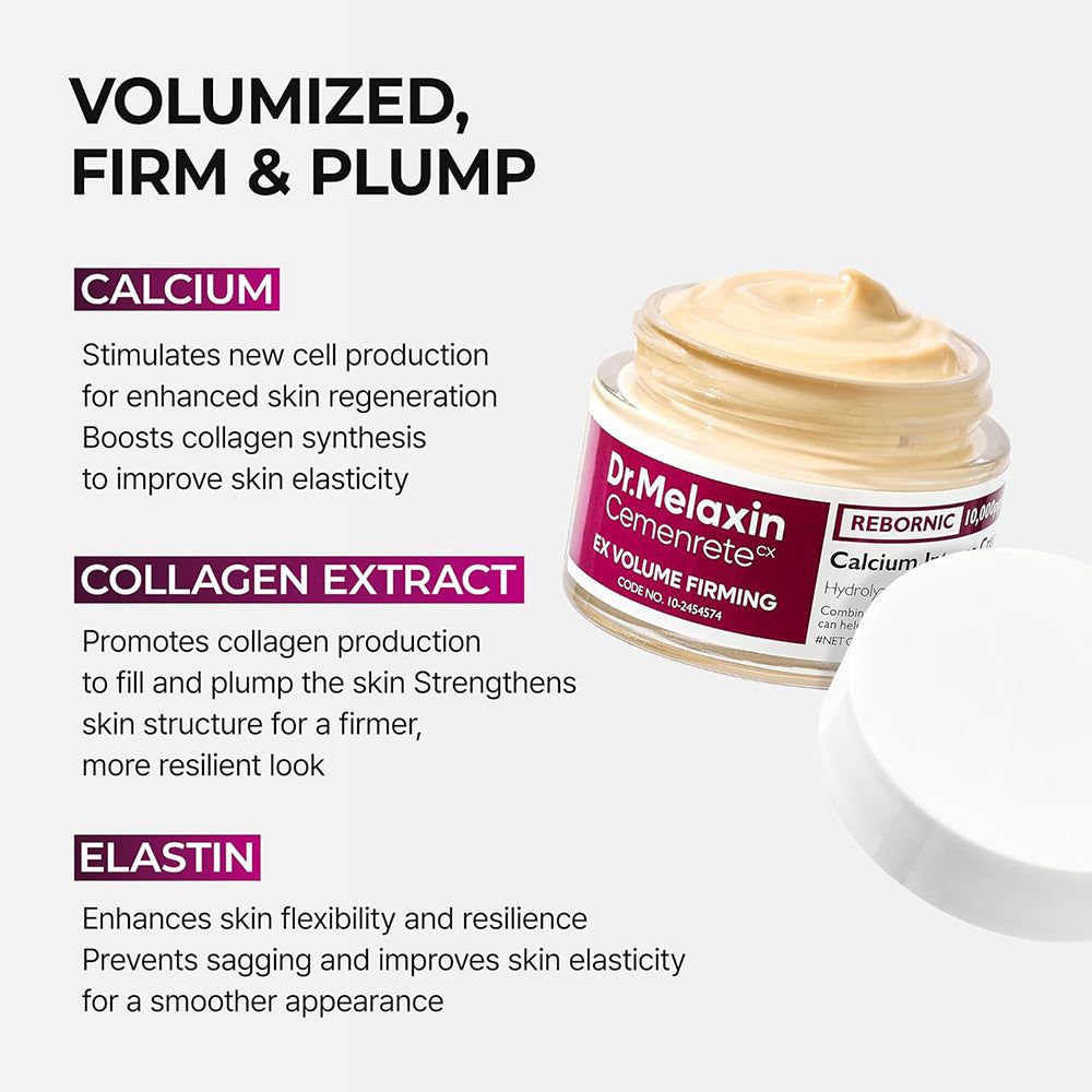 Dr. Melaxin Cemenrete EX Volume Firming Calcium Intense Cream, un barattolo di vetro con il suo coperchio aperto.