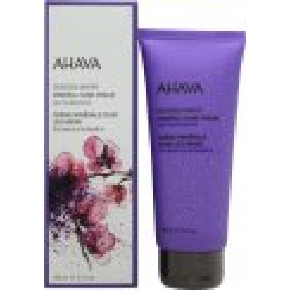 Tubo e scatola di crema per le mani AHAVA con motivo floreale.