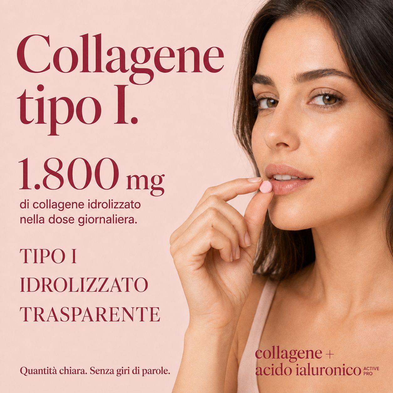 Una donna assume una compressa di collagene e acido ialuronico. 1800mg di collagene idrolizzato.