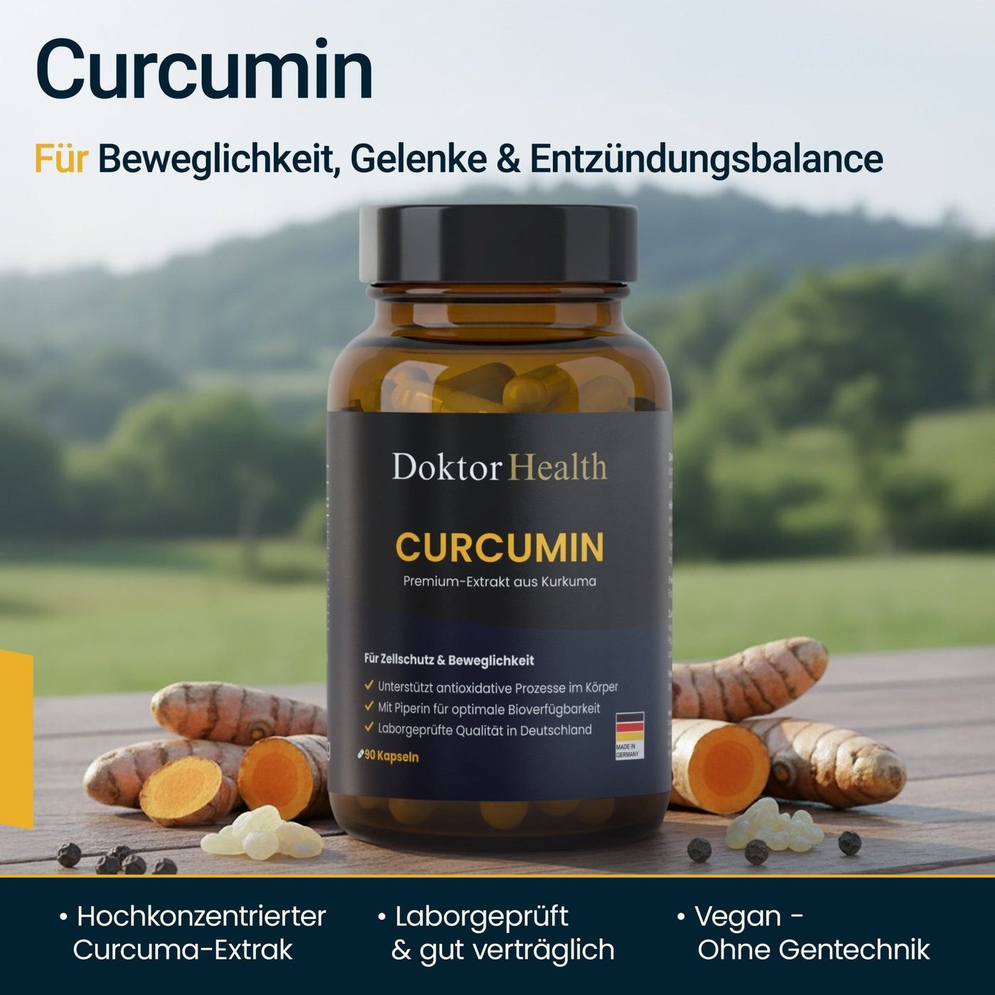 Flacone di vetro marrone con capsule. Scritta: Doktor Health Curcumin. Radici di curcuma e capsule su legno. Testo: Per la mobilità.
