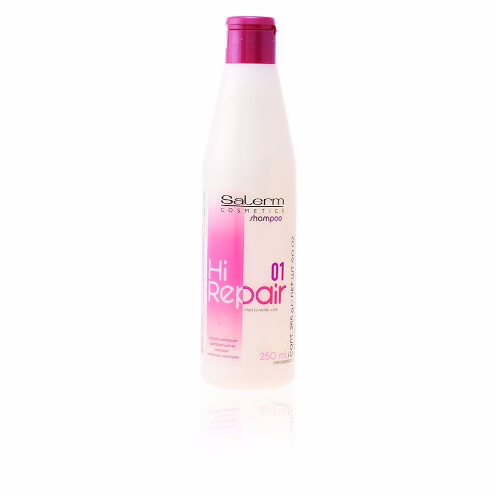 Flacone di shampoo Salerm Cosmetics Hi Repair. Bianco, tappo ed etichetta rosa. Testo: Hi Repair, 01, Shampoo.