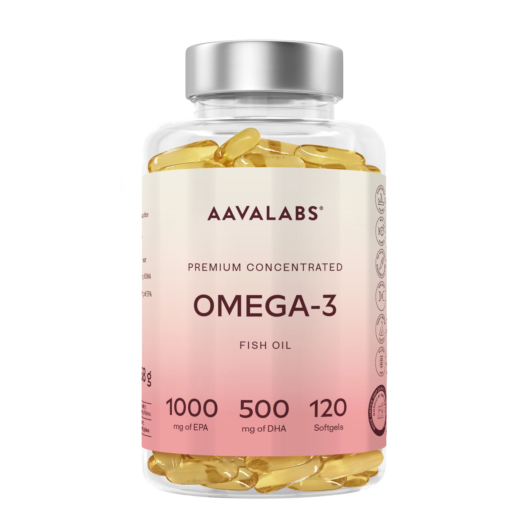 Flacone trasparente con capsule gialle. Scritta: AAVALABS, Omega-3, olio di pesce, 1000 mg EPA, 500 mg DHA, 120 capsule molli.