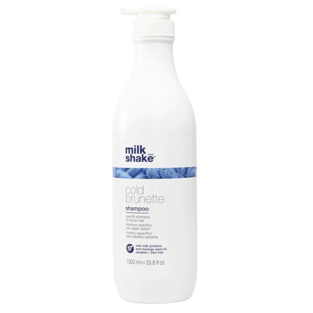 Flacone bianco con pompa Milk Shake Cold Brunette Shampoo per capelli castani. Contiene 1000 ml.