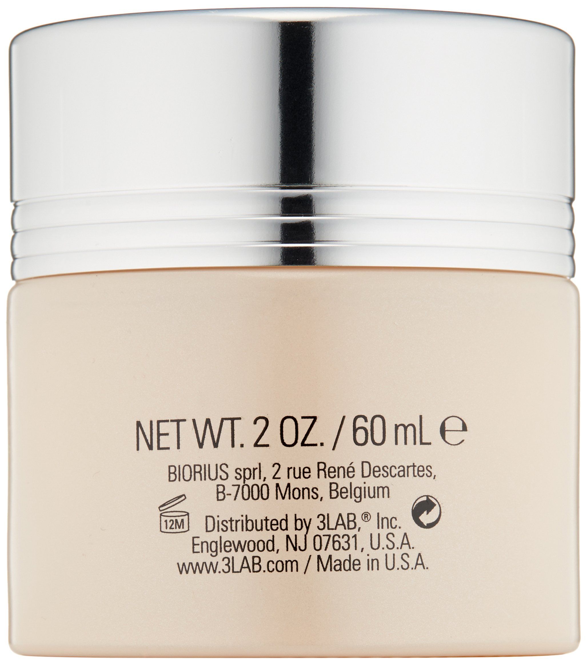 Retro del vasetto di crema. Testo: NET WT. 2 OZ. / 60 ml. Indirizzo e logo 3LAB. Prodotto negli Stati Uniti.