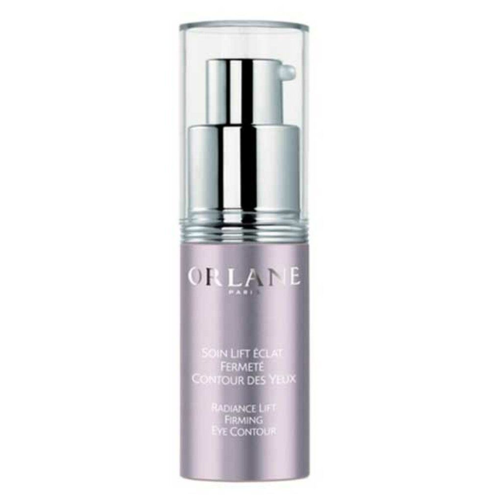 Orlane Radiance Lift Firming Eye Contour. Flacone viola con pompa argentata. Testo: Soin Lift Éclat, Fermeté, Contour des Yeux, Radiance Lift Firming Eye Contour.