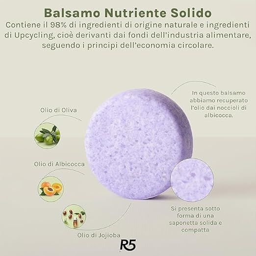 Balsamo solido viola rotondo. Ingredienti: olio d'oliva, albicocca, jojoba. Logo R5 in basso a destra.