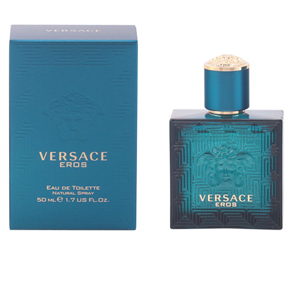 Flacone e scatola turchese. Scritta: VERSACE EROS, Eau de Toilette, Natural Spray. Flacone con tappo dorato.