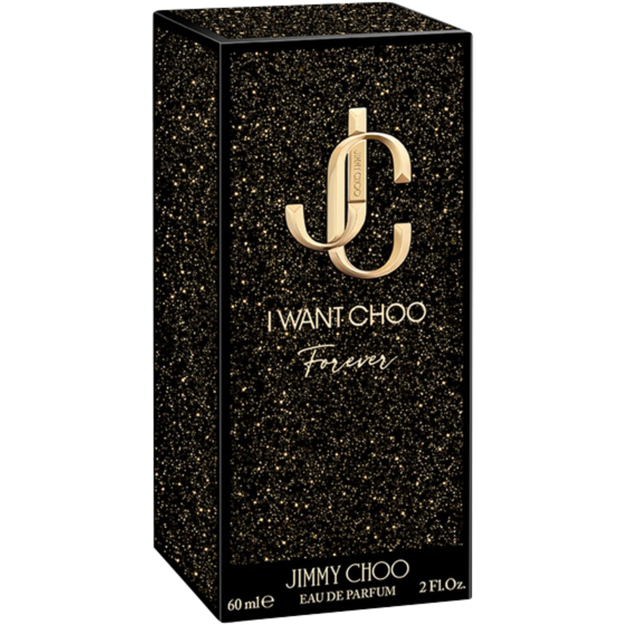 Confezione nera con logo e scritta dorati. Contiene 'I Want Choo Forever' e 'Jimmy Choo'.