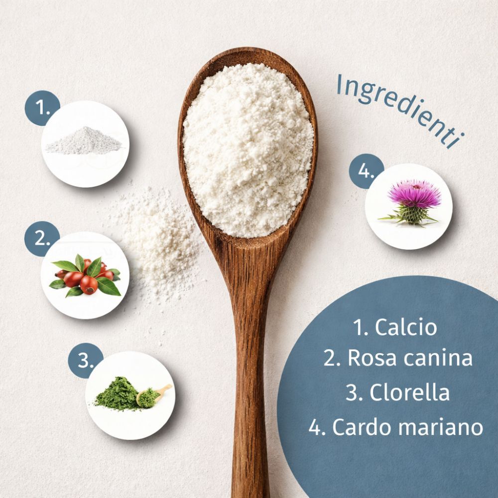 Cucchiaio di legno con polvere. Cerchi con ingredienti: Calcio, Rosa canina, Clorella, Cardo mariano. Testo: Ingredienti.
