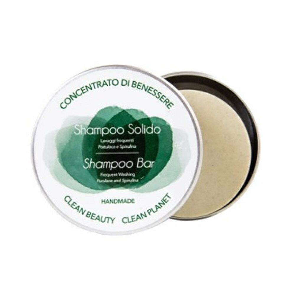 Confezione rotonda di shampoo solido. Scritta: Shampoo Solido, Lavaggi frequenti, Portulaca e Spirulina. Coperchio aperto.