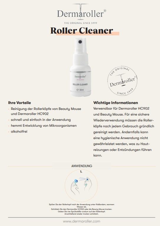 Etichetta bianca con testo: Roller Cleaner, 20ml. Testo: Dermaroller. Logo. Informazioni sulla pulizia e l'uso.