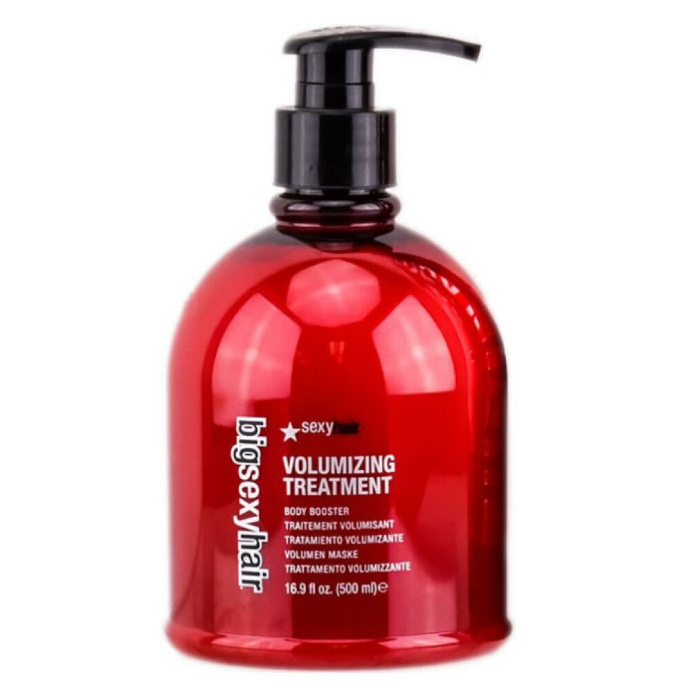 Flacone rosso con dosatore nero. Scritta "bigsexyhair" e "VOLUMIZING TREATMENT".