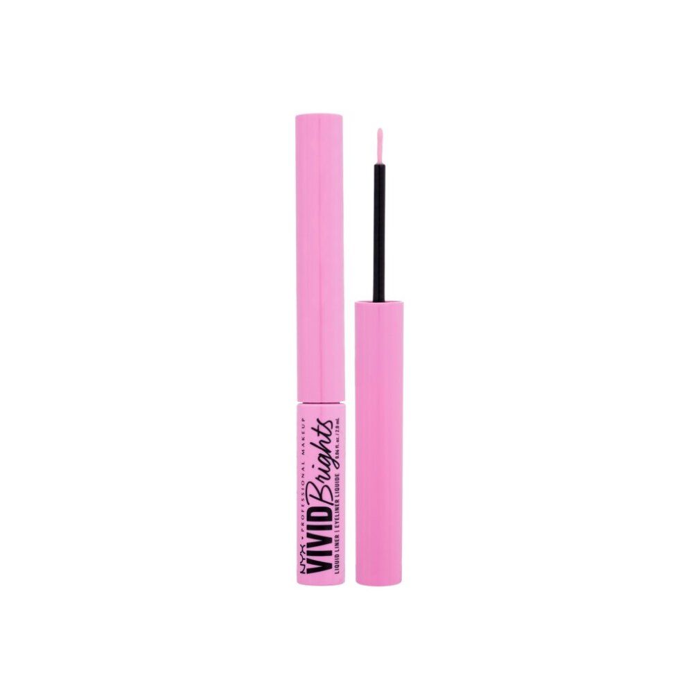 Eyeliner liquido rosa con tappo aperto. Applicatore nero. Scritta: NYX PROFESSIONAL MAKEUP VIVID BRIGHTS LIQUID LINER. Testo nero su sfondo rosa.