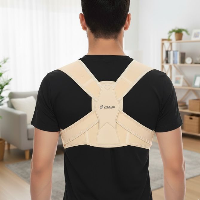 Un uomo indossa una fascia dorsale beige. La fascia ha spallacci e una parte centrale con la scritta "VITALIC".