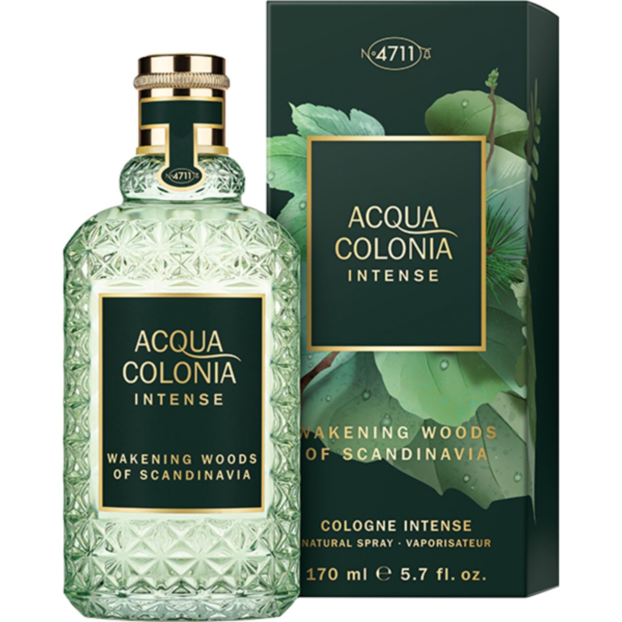 Flacone e scatola in vetro verde. Scritta: Acqua Colonia Intense Wakening Woods of Scandinavia. 170 ml.