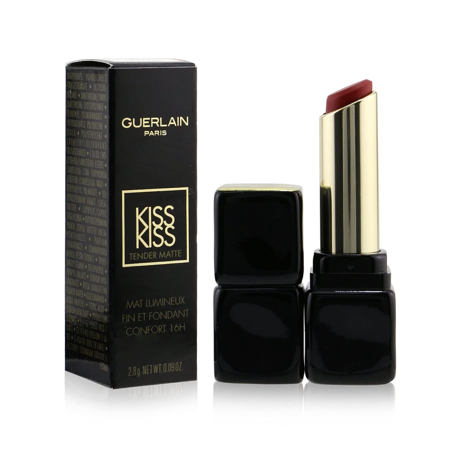 Rossetto e confezione. Confezione nera con testo dorato. Rossetto con custodia dorata e punta rossa. Nome del prodotto e numero del colore visibili.