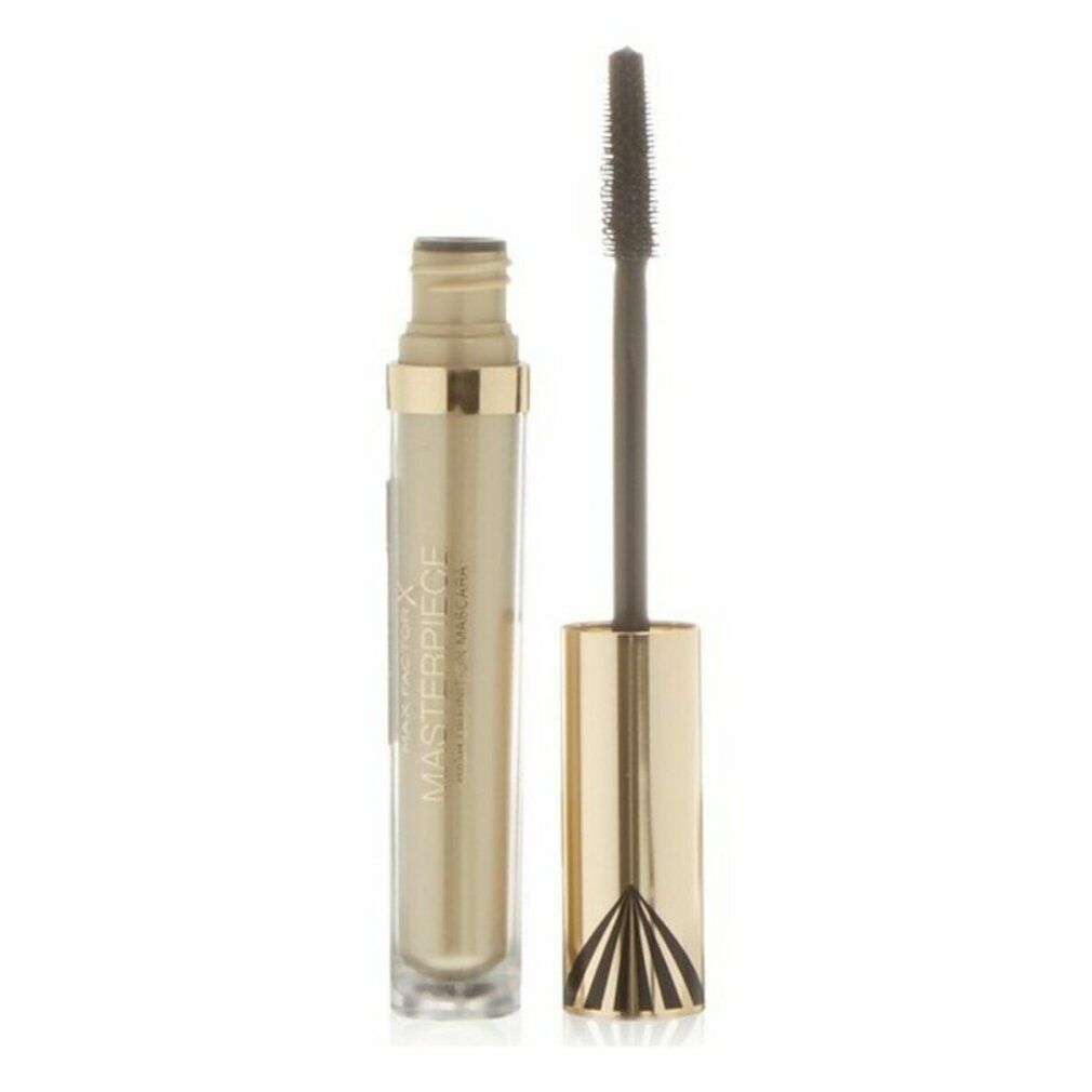 Tubo mascara dorato con spazzola nera. Scritta: Max Factor Masterpiece. Spazzola.