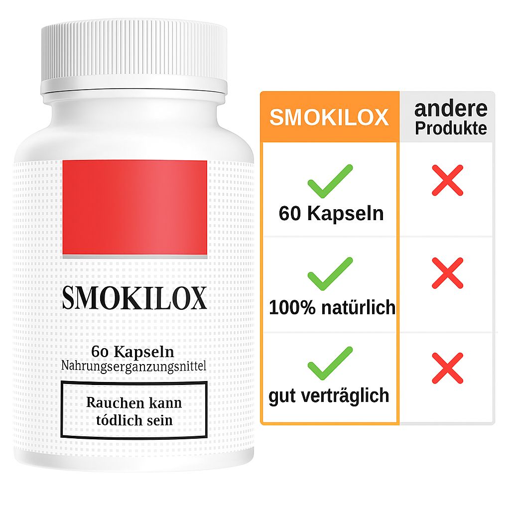 Flacone di compresse bianco con riquadro rosso e tabella comparativa. Testo: SMOKILOX, 60 capsule, 100% naturale, ben tollerato.