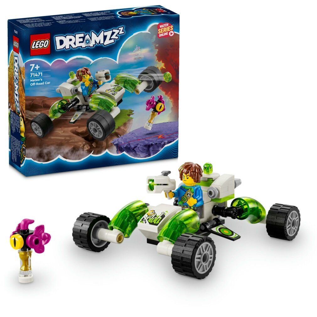 LEGO DREAMZzz 71471. Auto fuoristrada e confezione. Veicolo verde e bianco, ruote nere. Personaggio aggiuntivo.