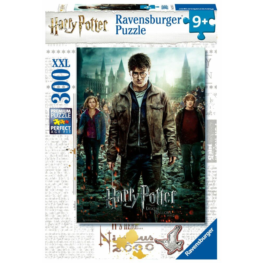 Puzzle di Harry Potter, motivo: Harry, Hermione e Ron. Sfondo: castello. Titolo: Harry Potter e i Doni della Morte, Parte 2.
