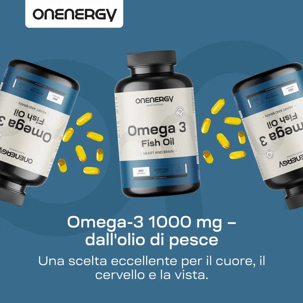 Tre flaconi di Omega 3. Testo: Omega-3 1000 mg - dall'olio di pesce. 360 capsule molli. Cuore, cervello, vista.