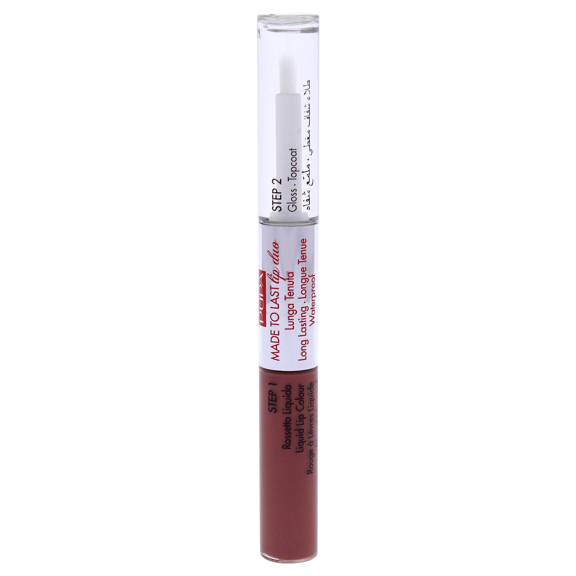 Pupa Made to Last Lip Duo. Rossetto liquido e top coat. Prodotto con coperchio trasparente. Scritta: Made to Last Lip Duo.
