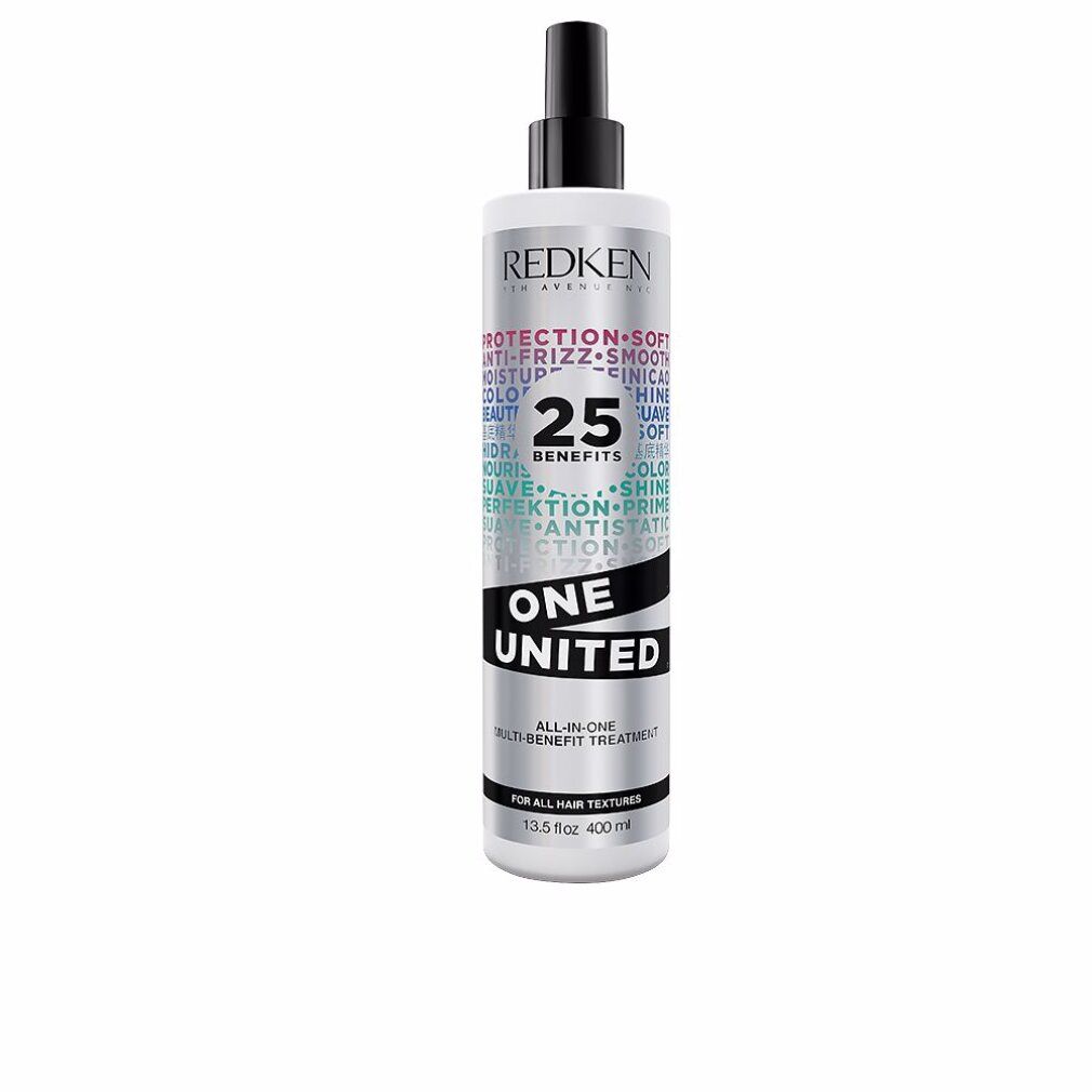 Flacone cilindrico con vaporizzatore. Scritte: Redken, One United, 25 Benefits. Etichette argentate e nere.