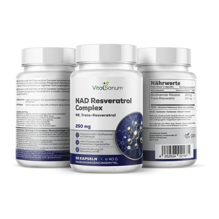 VitaSanum NAD Resveratrol Complex Capsule, 90 pezzi, con informazioni nutrizionali.