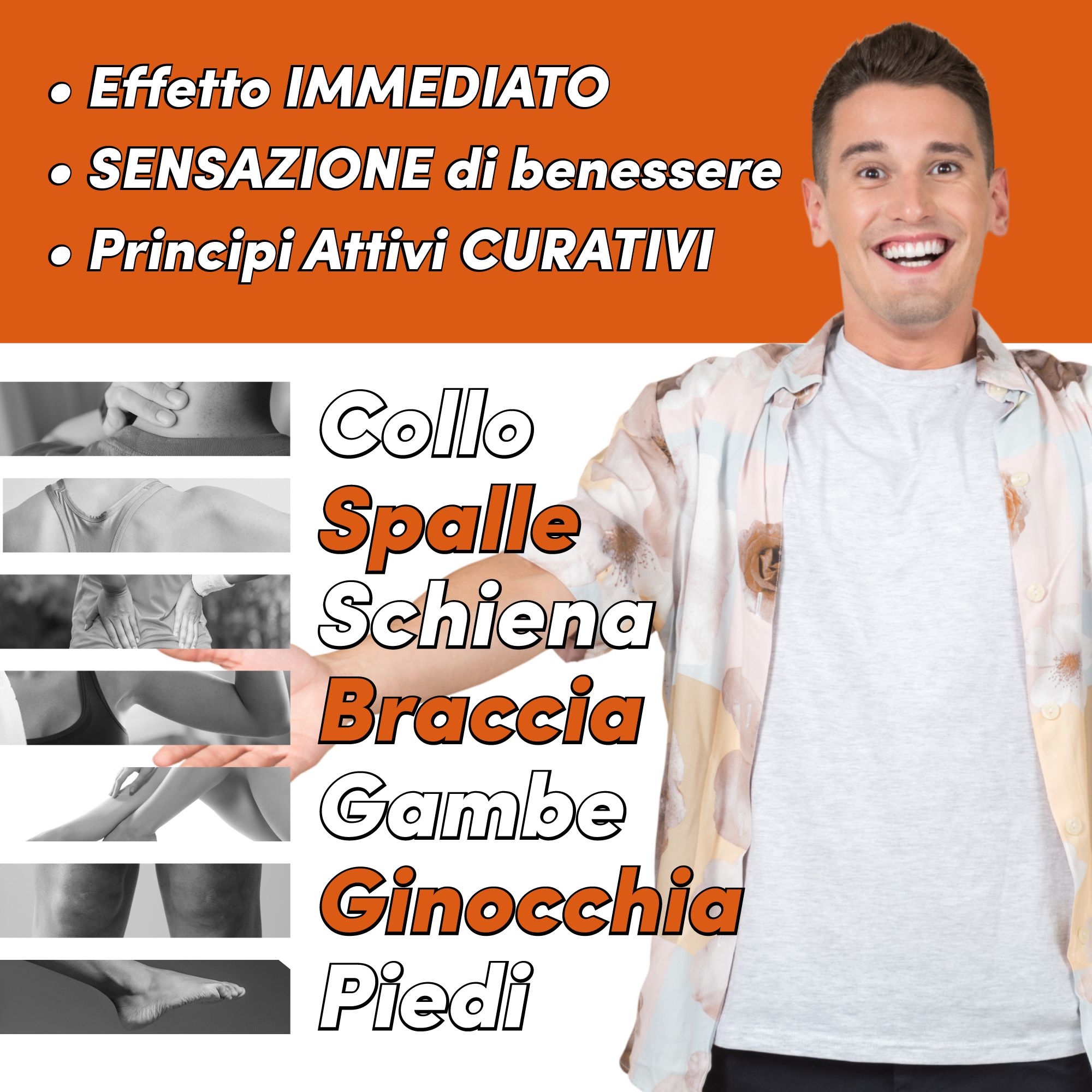 Uomo che indica parti del corpo: collo, spalle, schiena, braccia, gambe, ginocchia, piedi. Testo: Effetto immediato, benessere, principi attivi curativi.