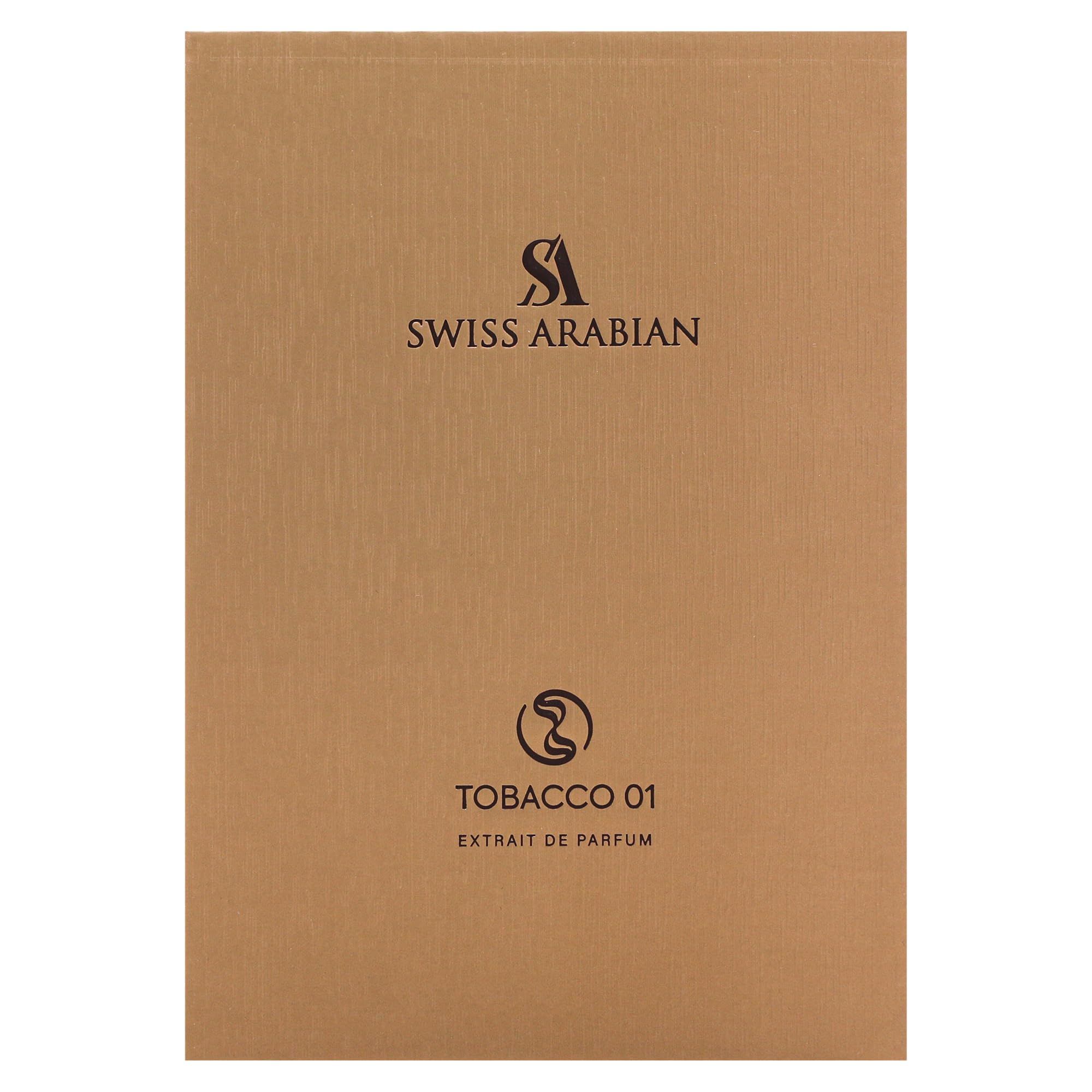 Confezione marrone. Scritta: Swiss Arabian, Tobacco 01, Extrait de Parfum. Logo e nome del prodotto.