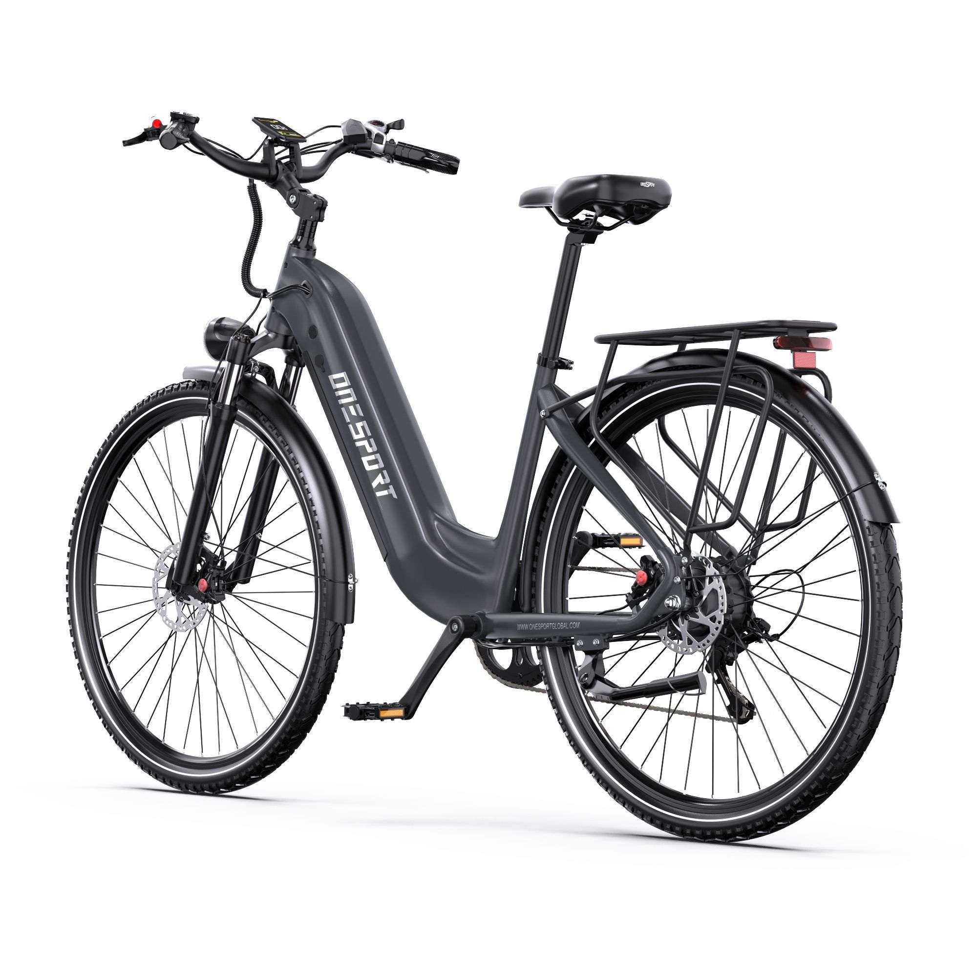 E-bike Onesport OT05Pro grigia. Visibili: portapacchi, faro, parafanghi, freni a disco. Scritta: ONESPORT.