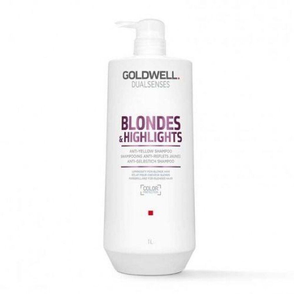 Flacone bianco Goldwell Shampoo con pompa. Scritta: Blondes & Highlights, Shampoo anti-giallo. 1L.