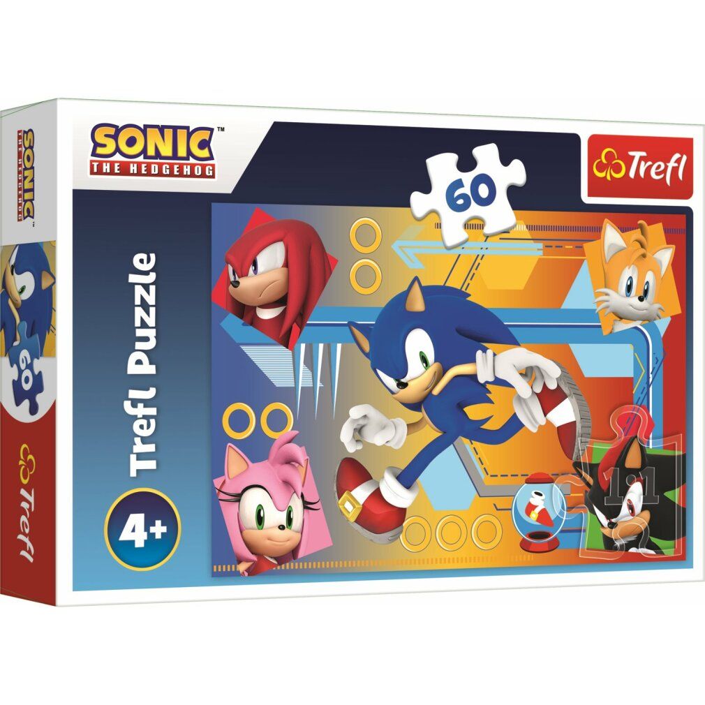 Puzzle Trefl, 60 pezzi, Sonic. Confezione con Sonic e amici. Logo Sonic the Hedgehog. Età consigliata: 4+. Marchio Trefl.