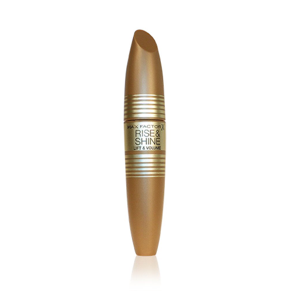 Mascara dorato. Scritta dorata: RISE & SHINE LIFT & VOLUME. Anelli dorati sul contenitore.