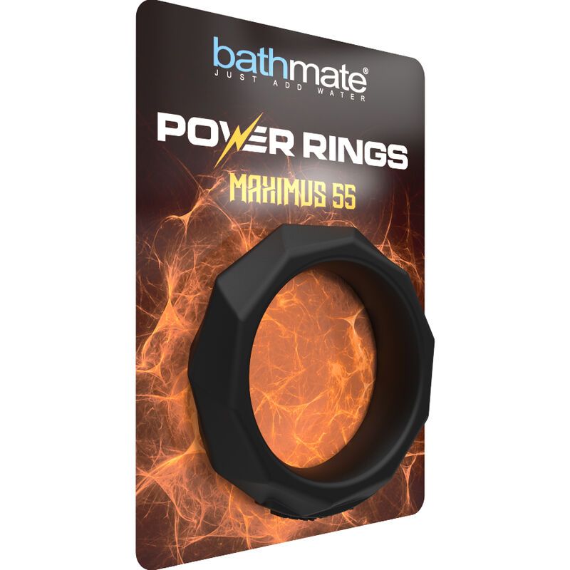 Confezione con anello nero, scritta 'Bathmate Power Rings Maximus 55'.