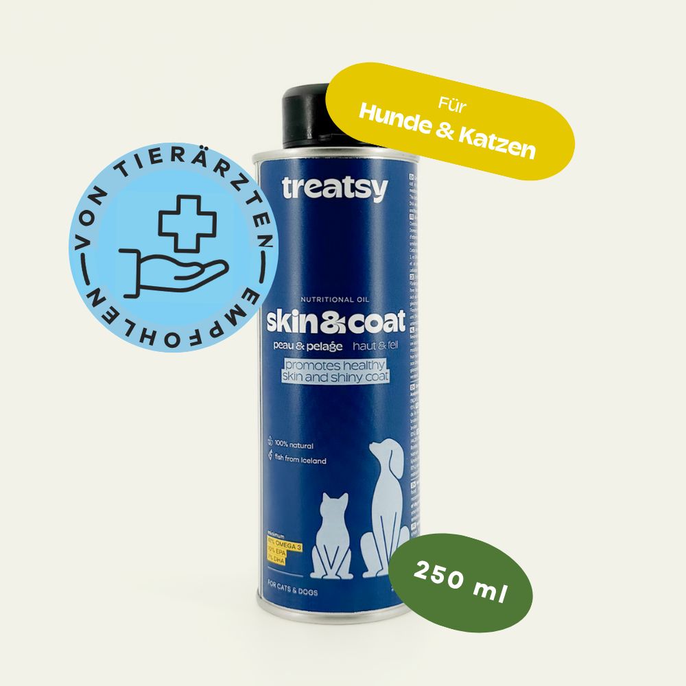 Lattina blu con coperchio nero, Treatsy Skin & Coat. Adesivi: Raccomandato dai veterinari. Per cani e gatti. 250 ml.