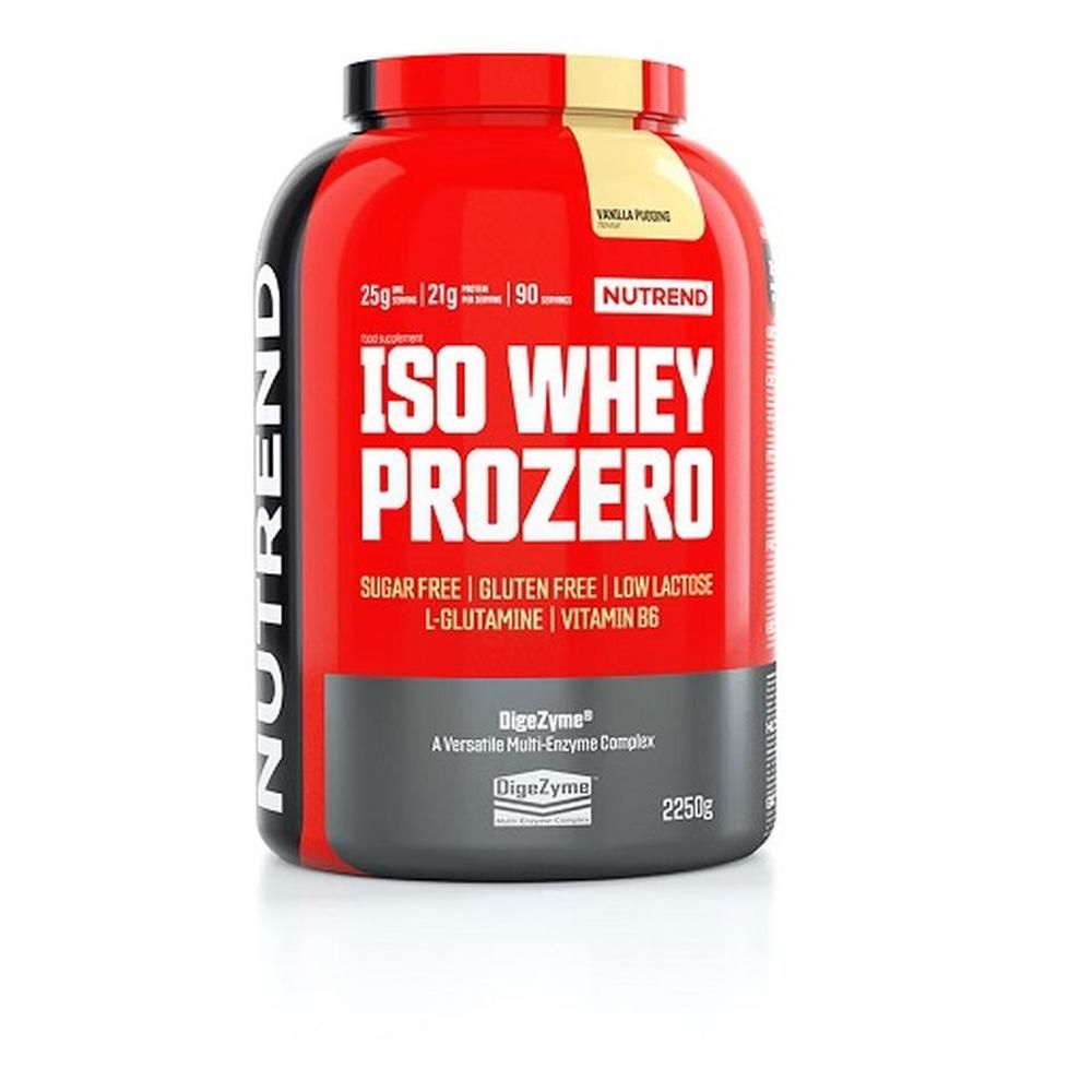 Barattolo Nutrend ISO WHEY PROZERO, 2250g, gusto Vaniglia Pudding. Senza zuccheri, senza glutine, a basso contenuto di lattosio.