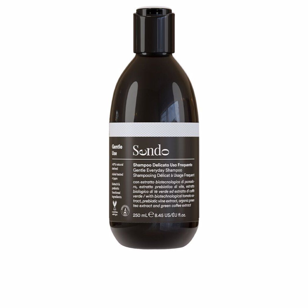Flacone di shampoo nero con etichetta bianca. Testo: Sendo, Gentle Everyday Shampoo, 250 ml. Sigillo vegano.