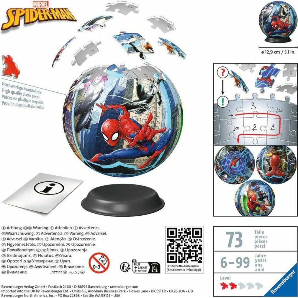 Puzzle 3D-Ball Spiderman. Puzzle sferico con Spiderman. Pezzi, istruzioni e base. 73 pezzi. Diametro: 12,9 cm.