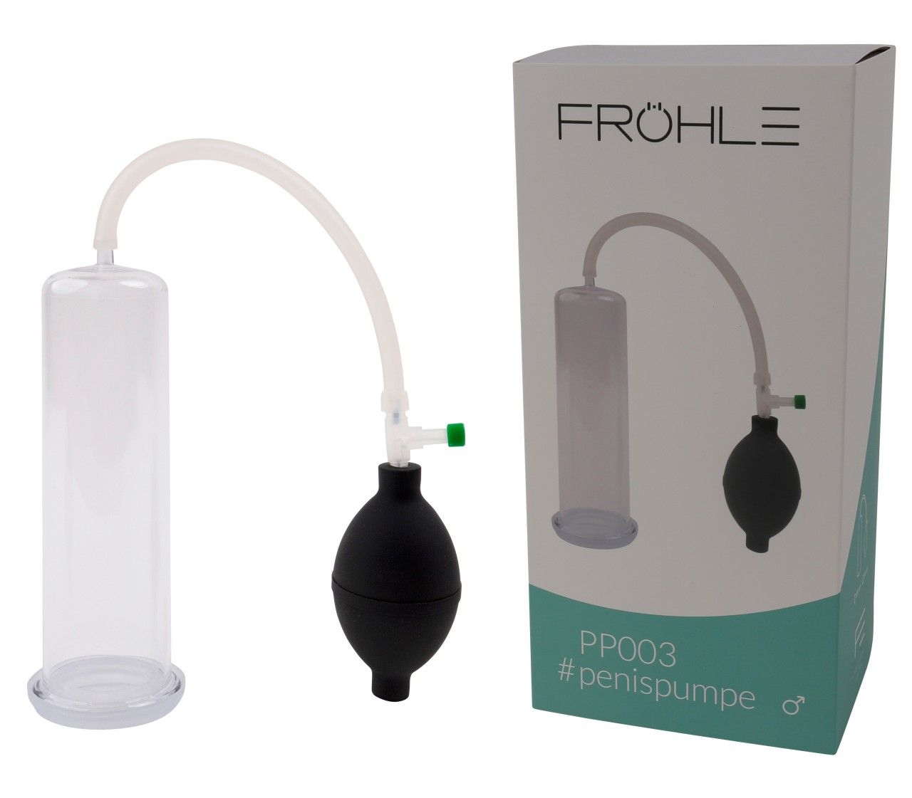 Pompa per pene con cilindro trasparente, palloncino nero e tubo.