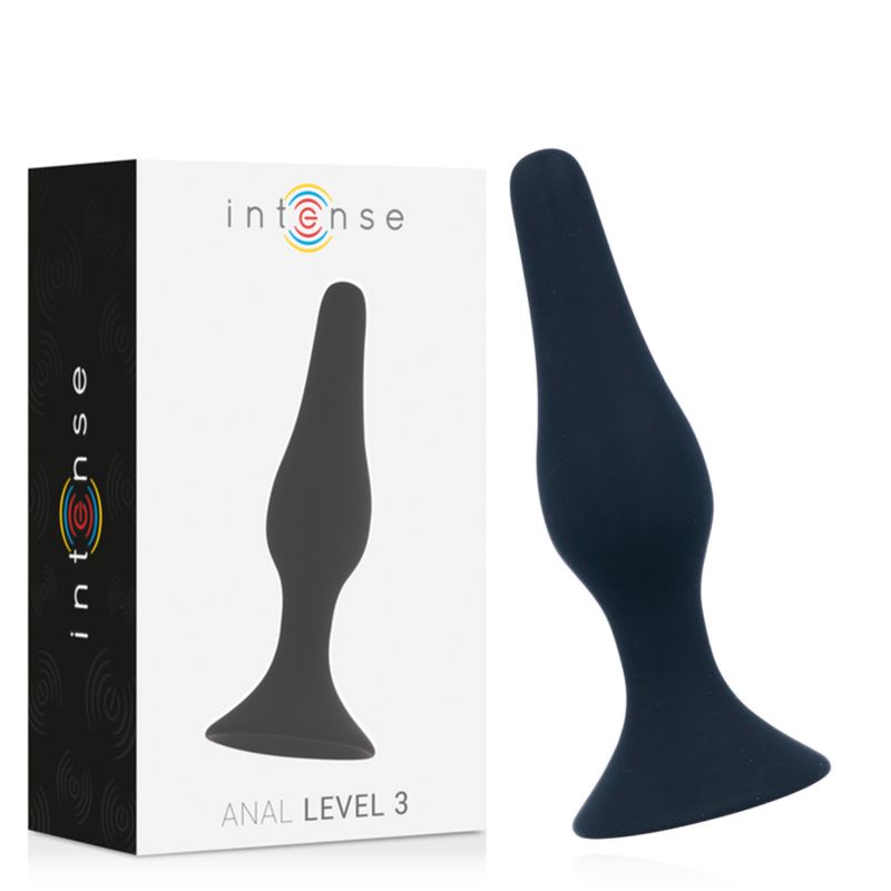 Confezione e plug anale nero con base larga e punta affusolata.
