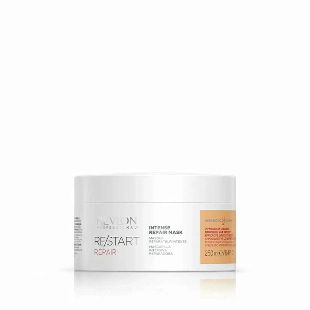 Barattolo bianco con testo Revlon Professional, Re/Start Repair, Intense Repair Mask. Etichetta arancione con testo. Contenuto 250 ml.