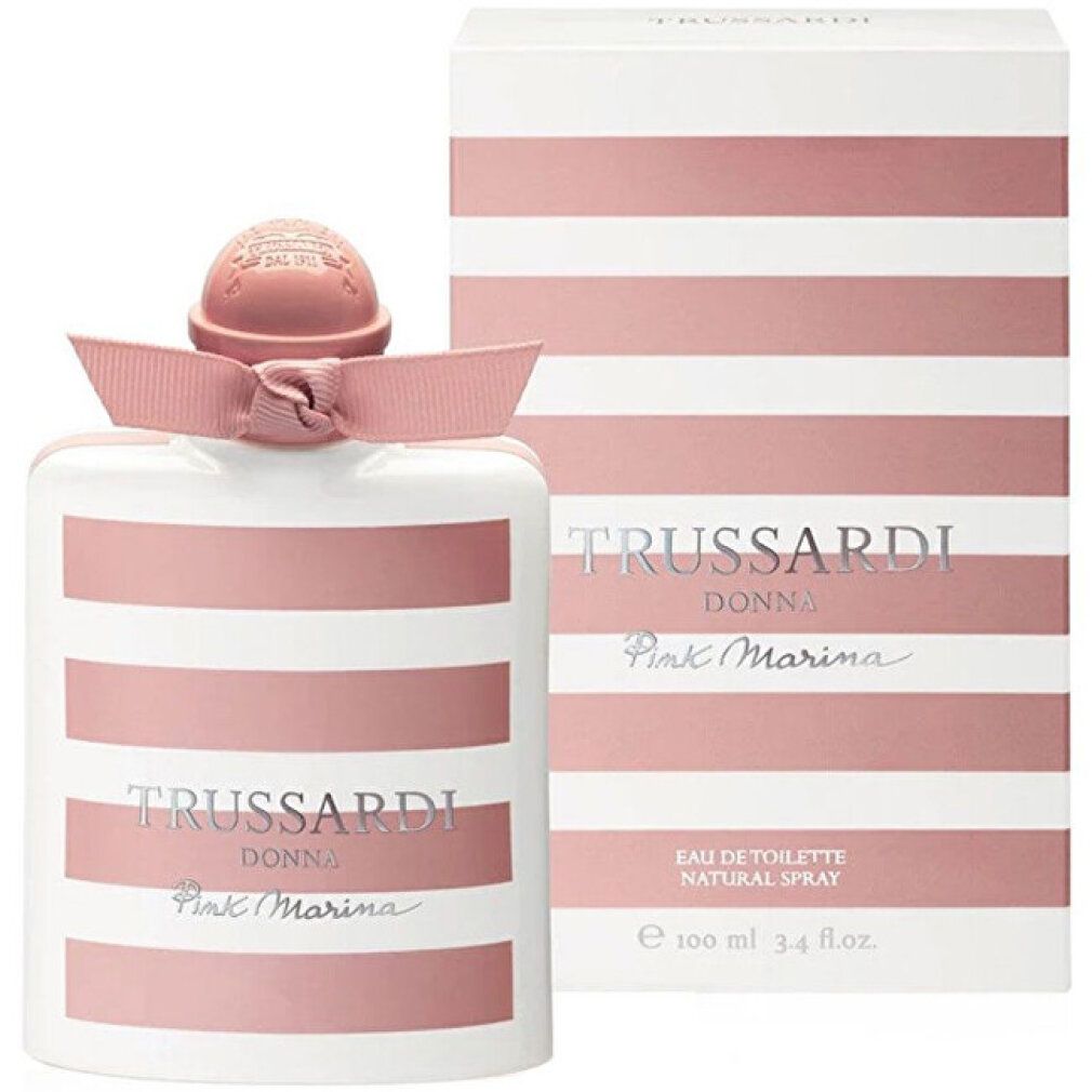 Scatola e flacone a strisce bianche e rosa con fiocco rosa. Scritta: TRUSSARDI DONNA Pink Marina.