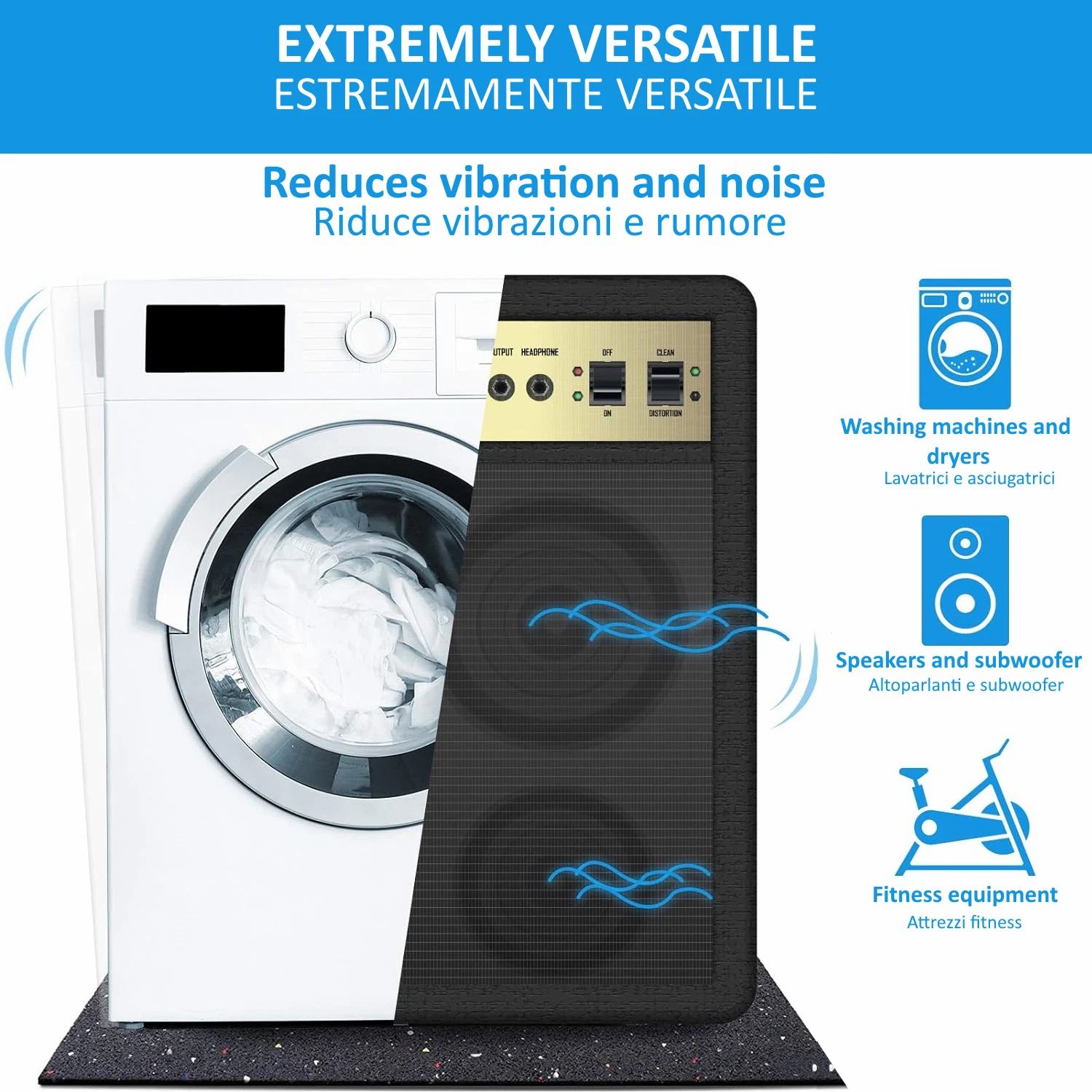 Illustrazione: lavatrice, asciugatrice, altoparlanti, attrezzature per il fitness su pavimento nero. Testo: 'EXTREMELY VERSATILE'.