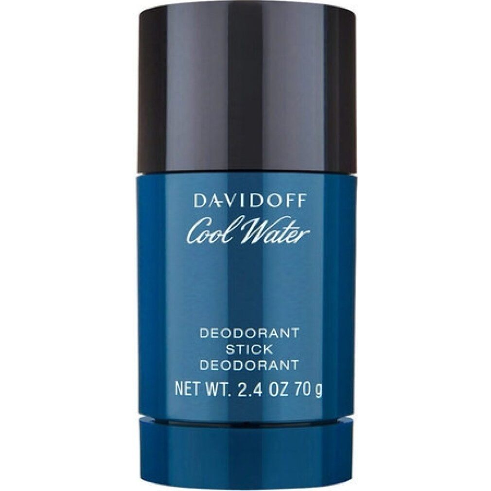 Davidoff Cool Water Deo Stick. Forma cilindrica, blu e nero. Scritta e nome del prodotto. Peso netto 70 g.