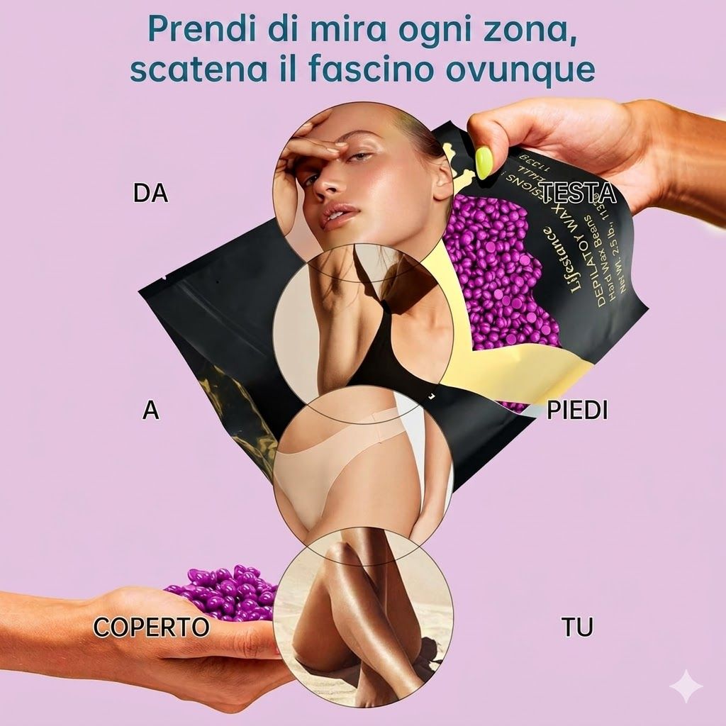Persona che tiene in mano una confezione nera con perle di cera viola. Testo: Lifestance, Depilatory Wax. Immagini dalla testa ai piedi.